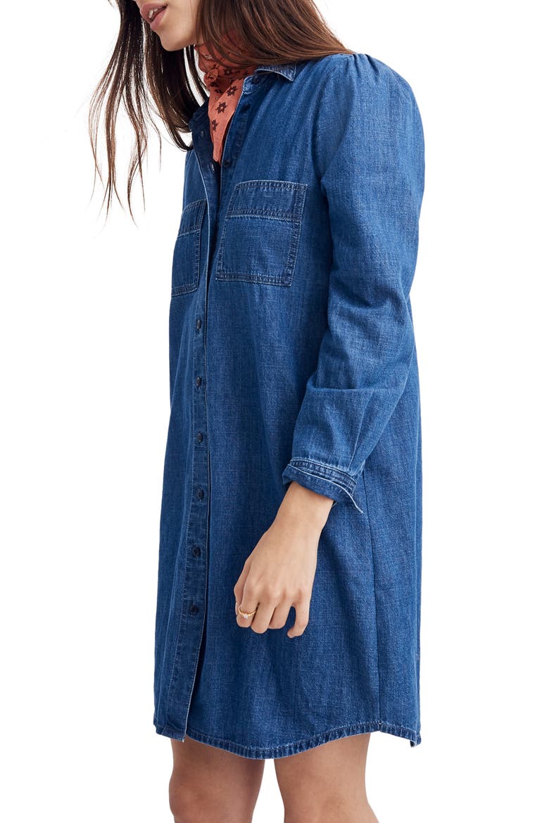 Puff Sleeve Denim Shirtdress, Alternate, color, HARRIS WASH