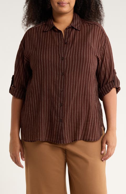 Stripe Long Sleeve Button-Up Shirt (Plus)