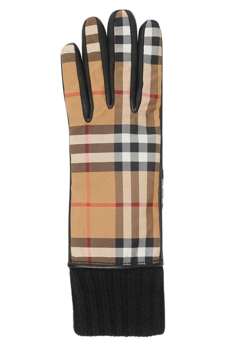 Burberry Cashmere Lined Vintage Check & Leather Gloves, Alternate, color, 