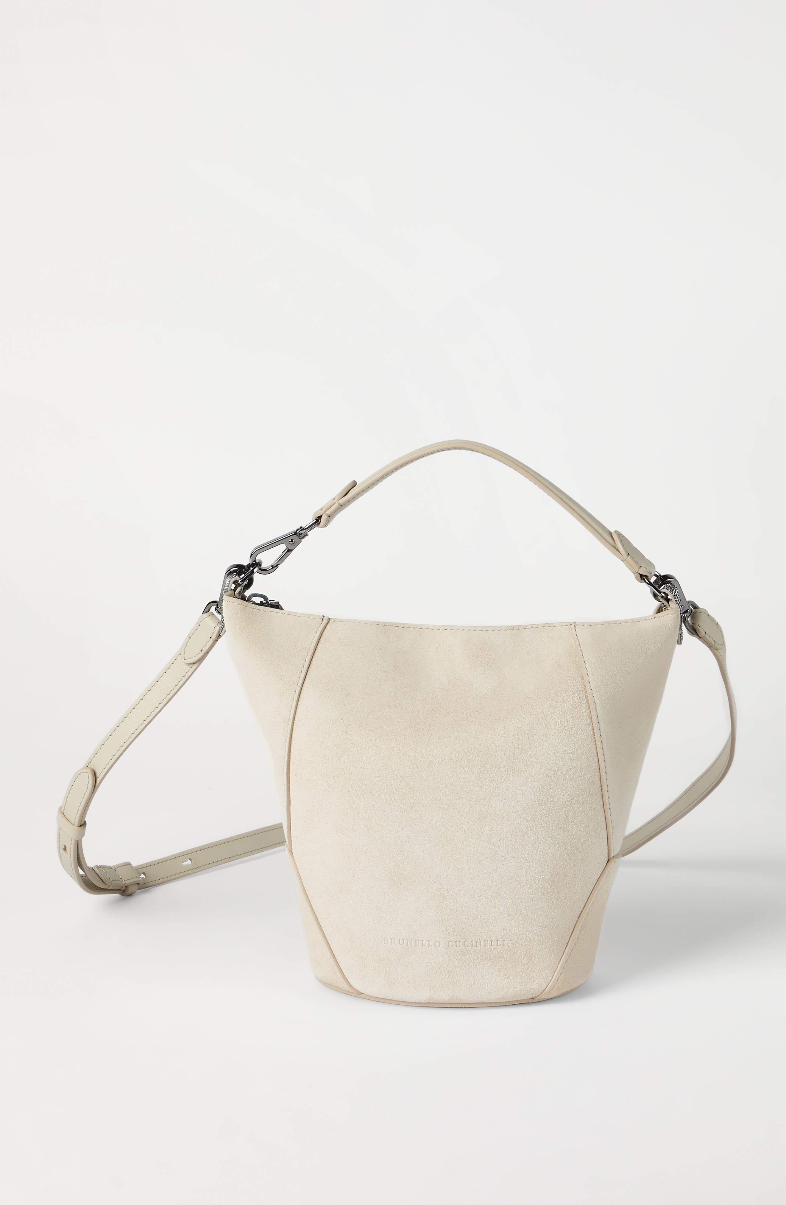 Brunello Cucinelli BC Duo bucket bag in suede, Alternate, color, Ivory