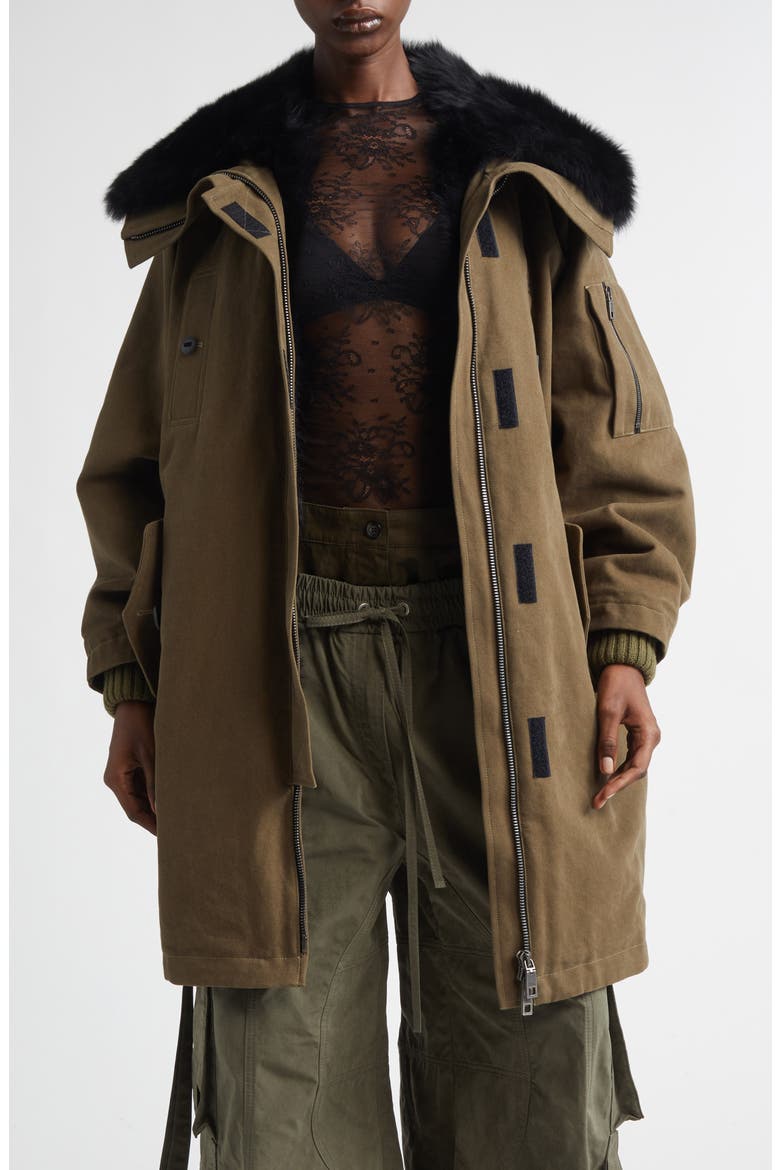 Genuine Shearling Trim Cotton Parka, Main, color, VERDE MARCIO