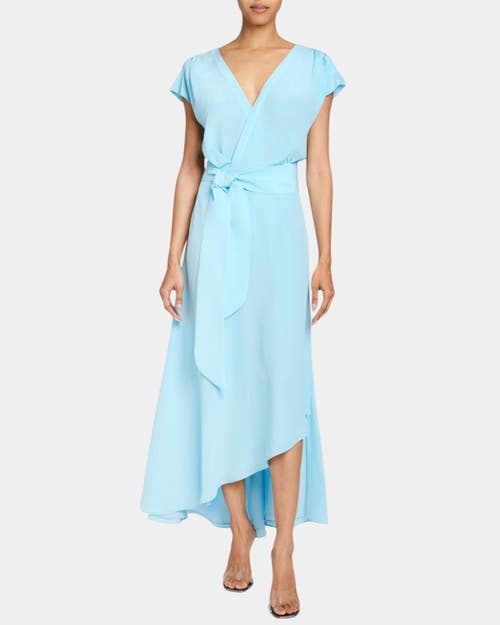 Santorelli Fallon Cap Sleeve Midi Fit And Flare Dress With Hi-lo Skirt In Silk Crepe De Chine In Ocean Mist