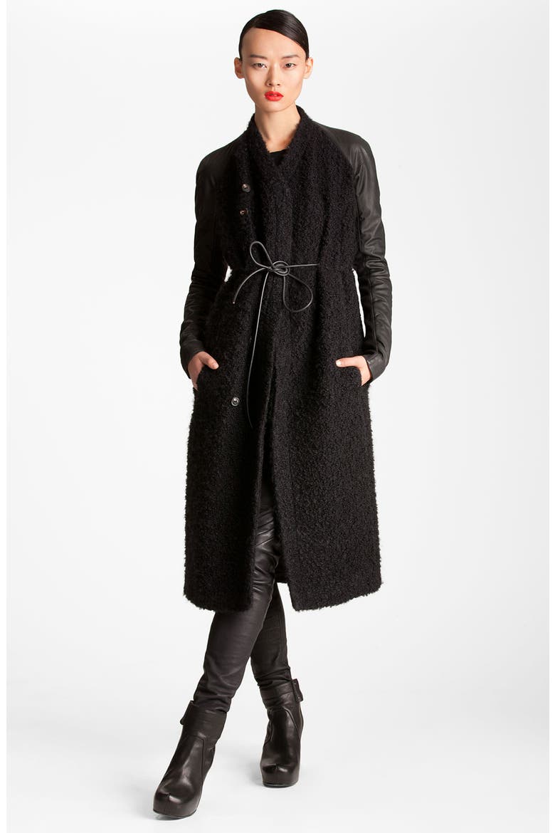 Long Leather Trim Coat, Main, color, BLACK