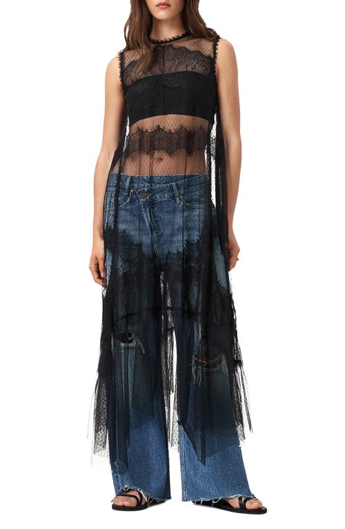 Allsaints Clara Sheer Lace Sleeveless Handkerchief Hem Dress In Black