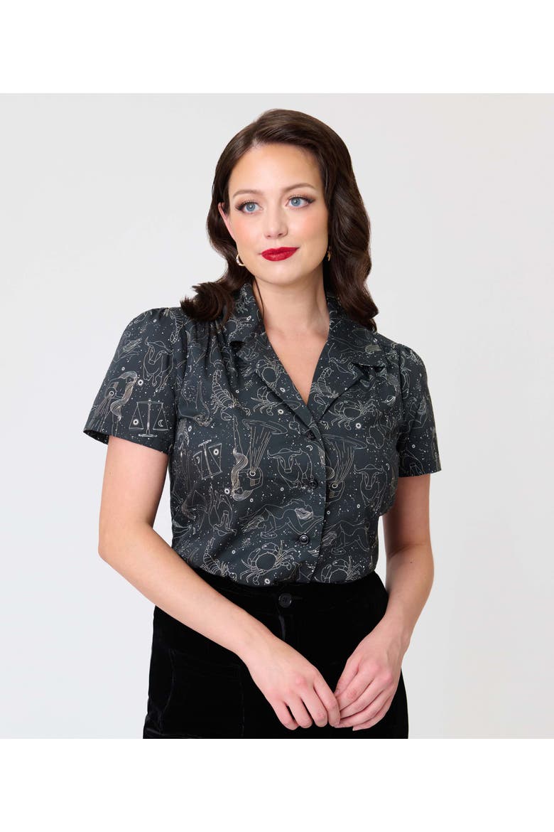 1940s Notched Collar Blouse, Main, color, Black w/ Astrology Print