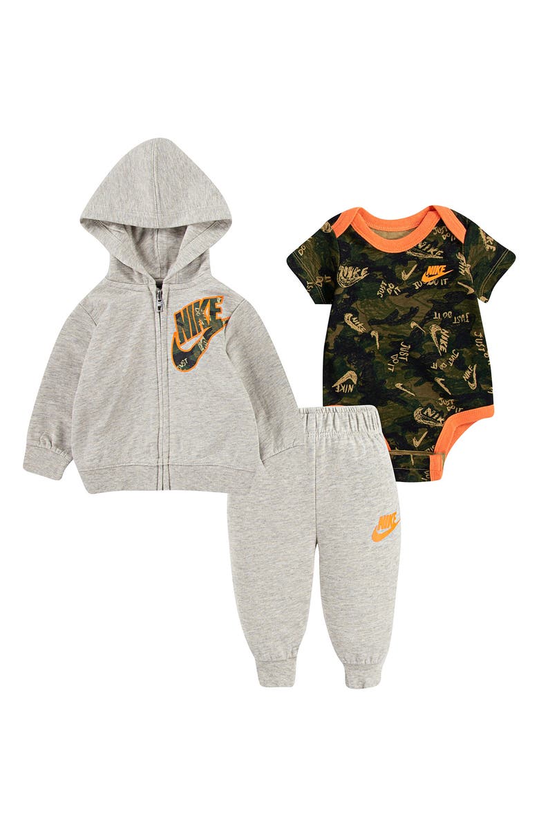 Nike Crayon Camo Zip Hoodie, Joggers & Bodysuit Set, Main, color, 