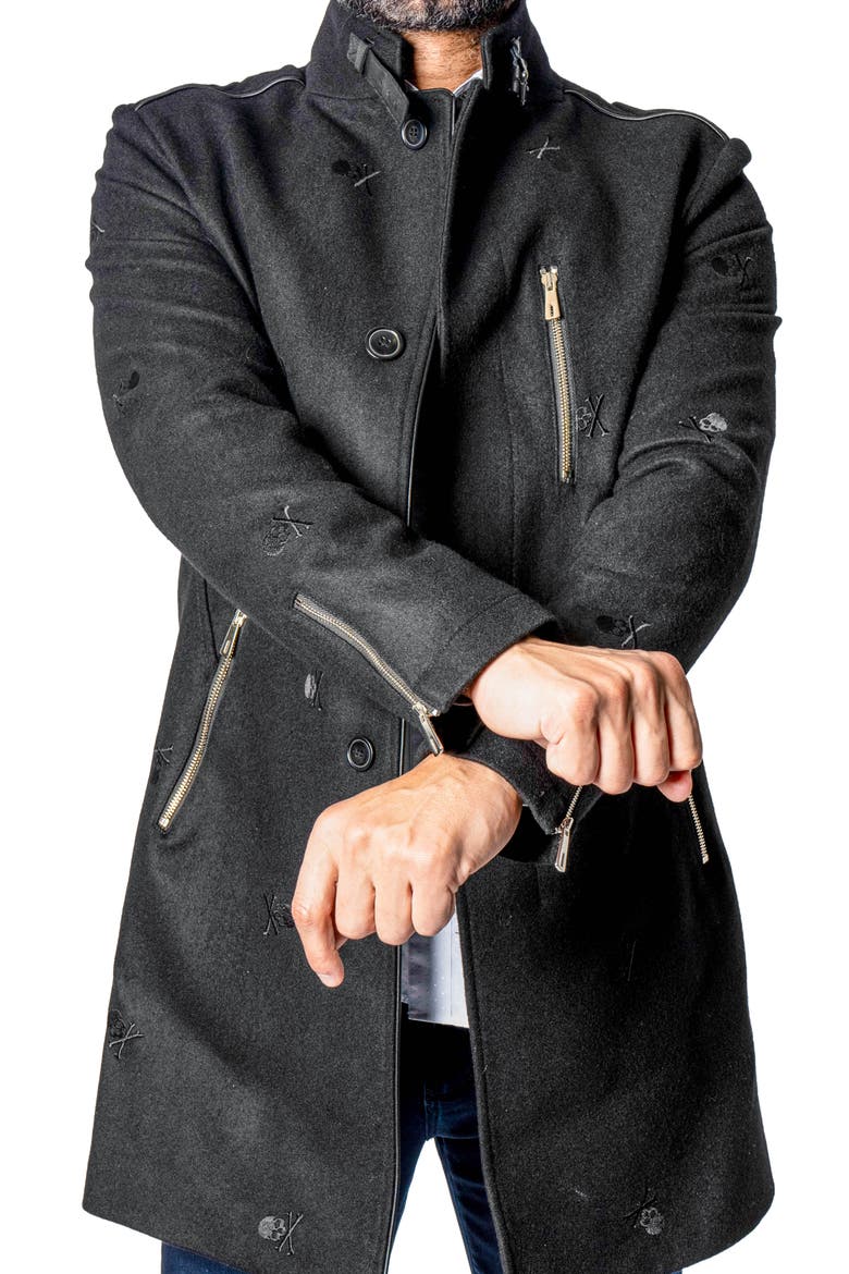 Captainskull Embroidered Wool Blend Peacoat, Alternate, color, BLACK