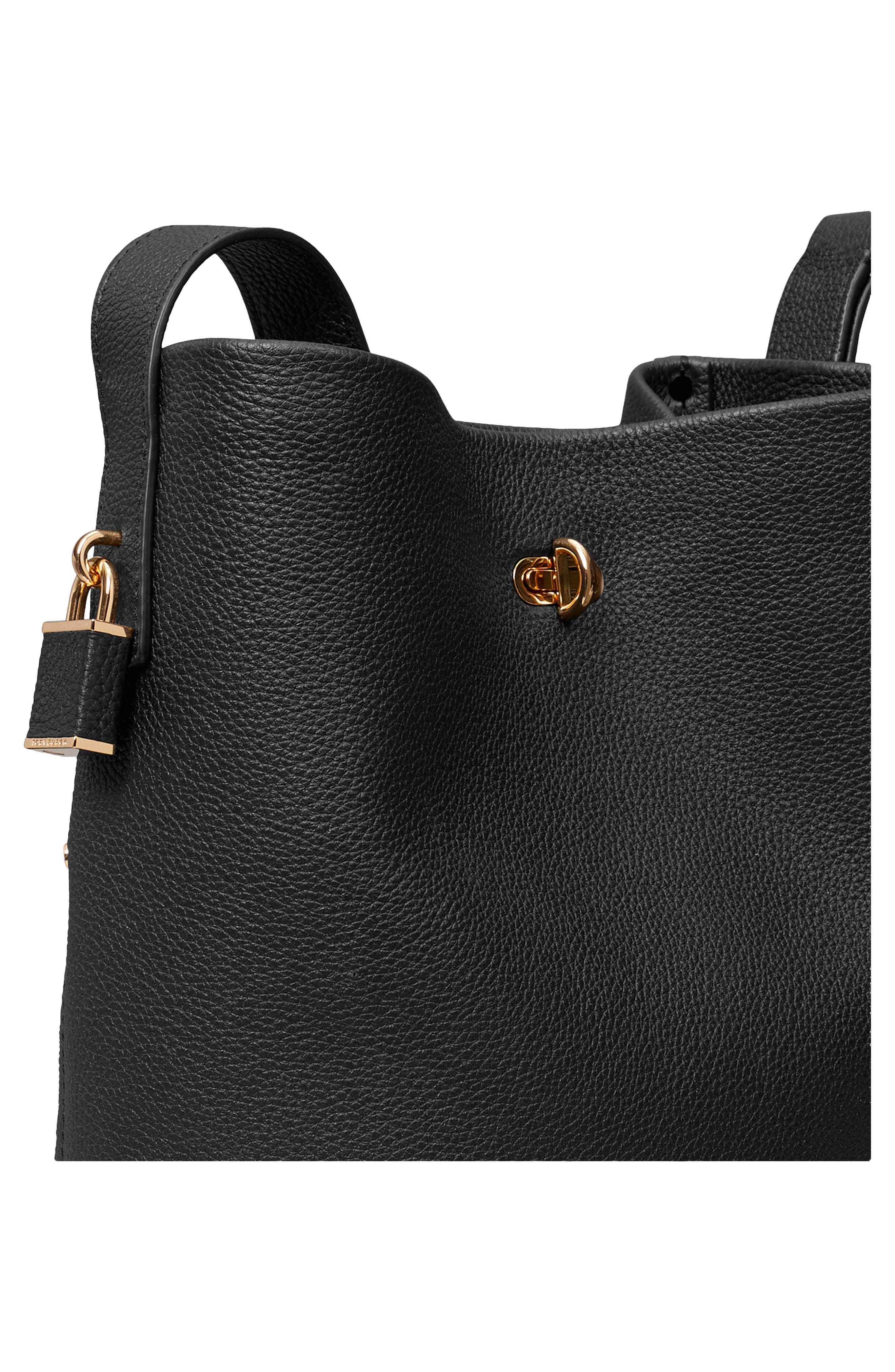Lock Slim Medium Leather Bucket Bag, Alternate, color, BLACK