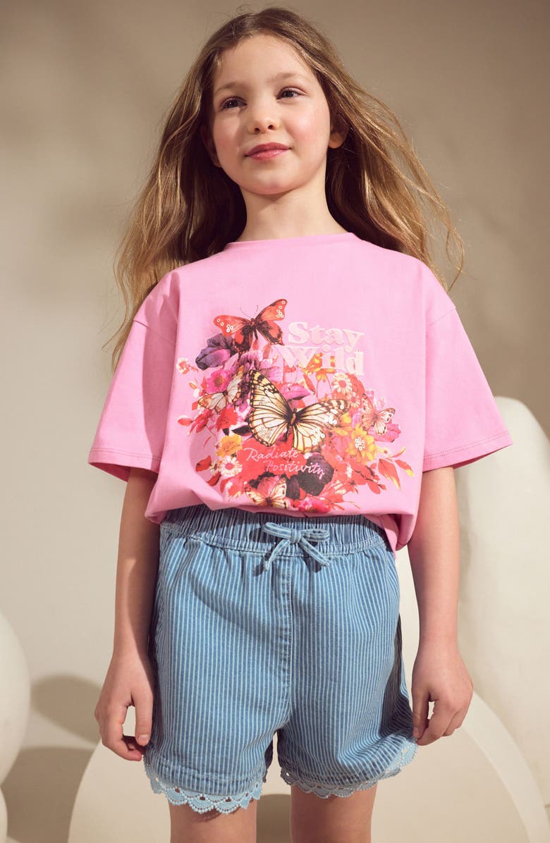 NEXT Kids' Stay Wild Oversize Graphic T-Shirt & Stripe Drawstring Shorts Set, Main, color, Pink