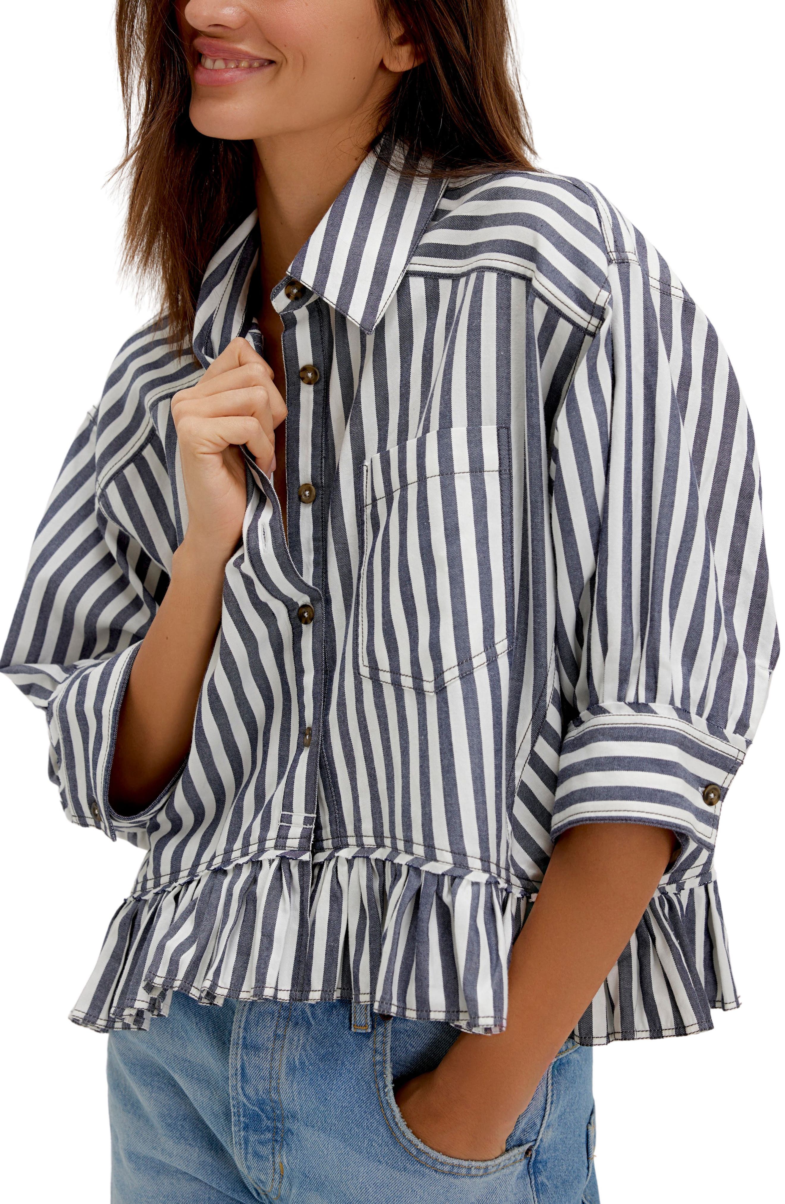Free People Bailey Stripe Ruffle Hem Cotton Button-Up Shirt