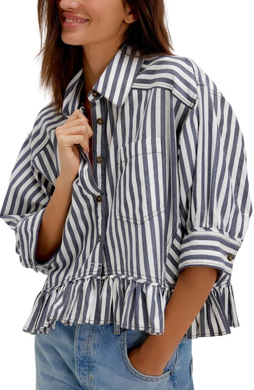 Free People Bailey Stripe Ruffle Hem Cotton Button-up Shirt In Blue