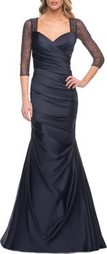 La Femme Mermaid Satin Pleated Gown with Illusion Beaded Sleeves