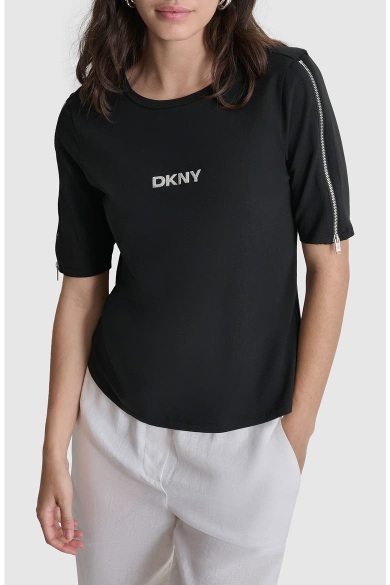 Logo Zip Elbow Sleeve Stretch T-Shirt, Main, color, BLACK