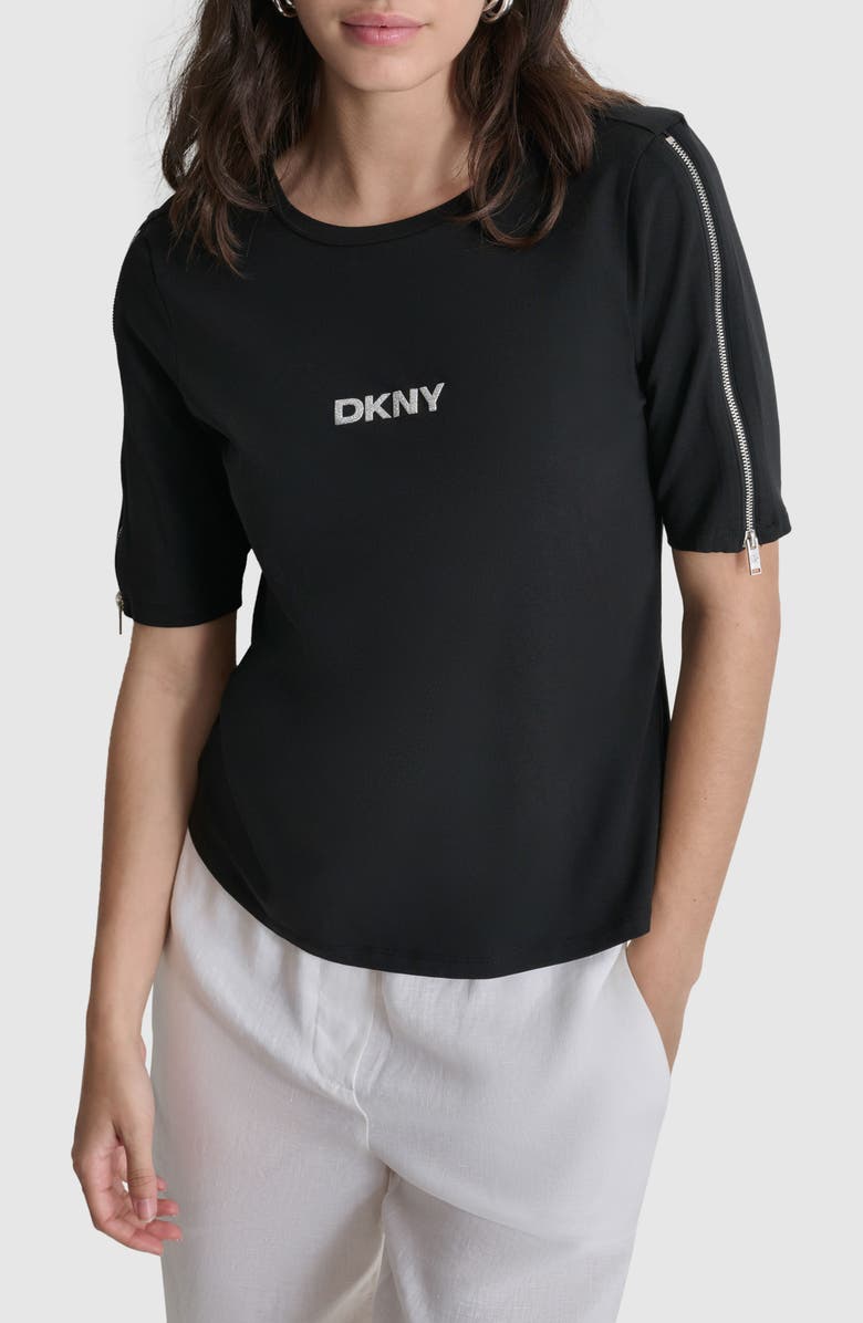 DKNY Logo Zip Elbow Sleeve Stretch T-Shirt, Main, color, 
