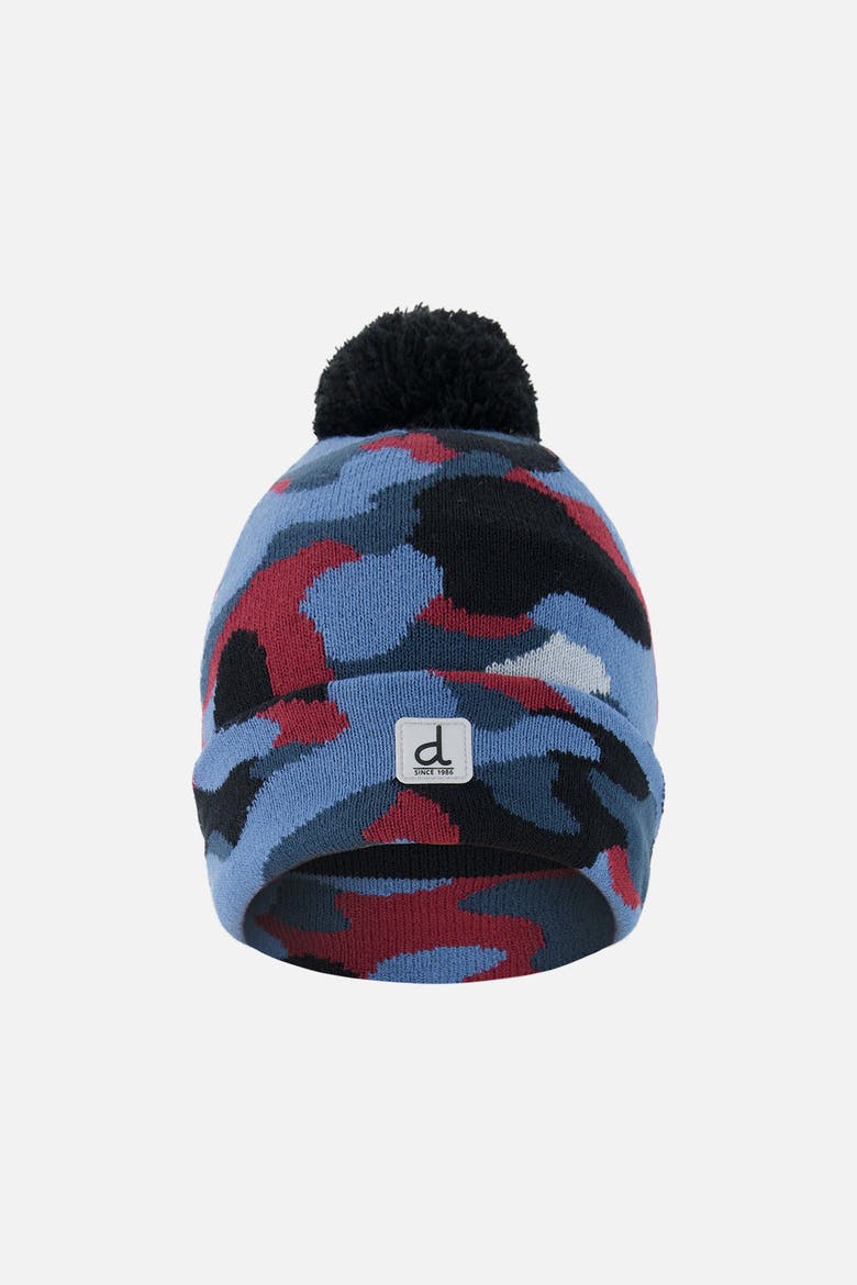 Winter Camouflage Jacquard Snug Fit Knit Hat with Pompom, Main, color, Blue and Red Camouflage