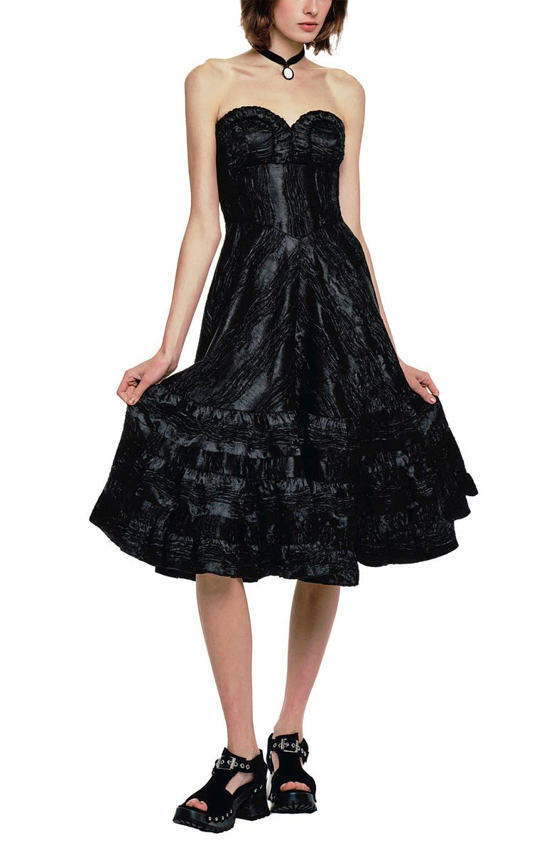 Anna Sui Crushed Satin Strapless Sweetheart Dress, Alternate, color, Black
