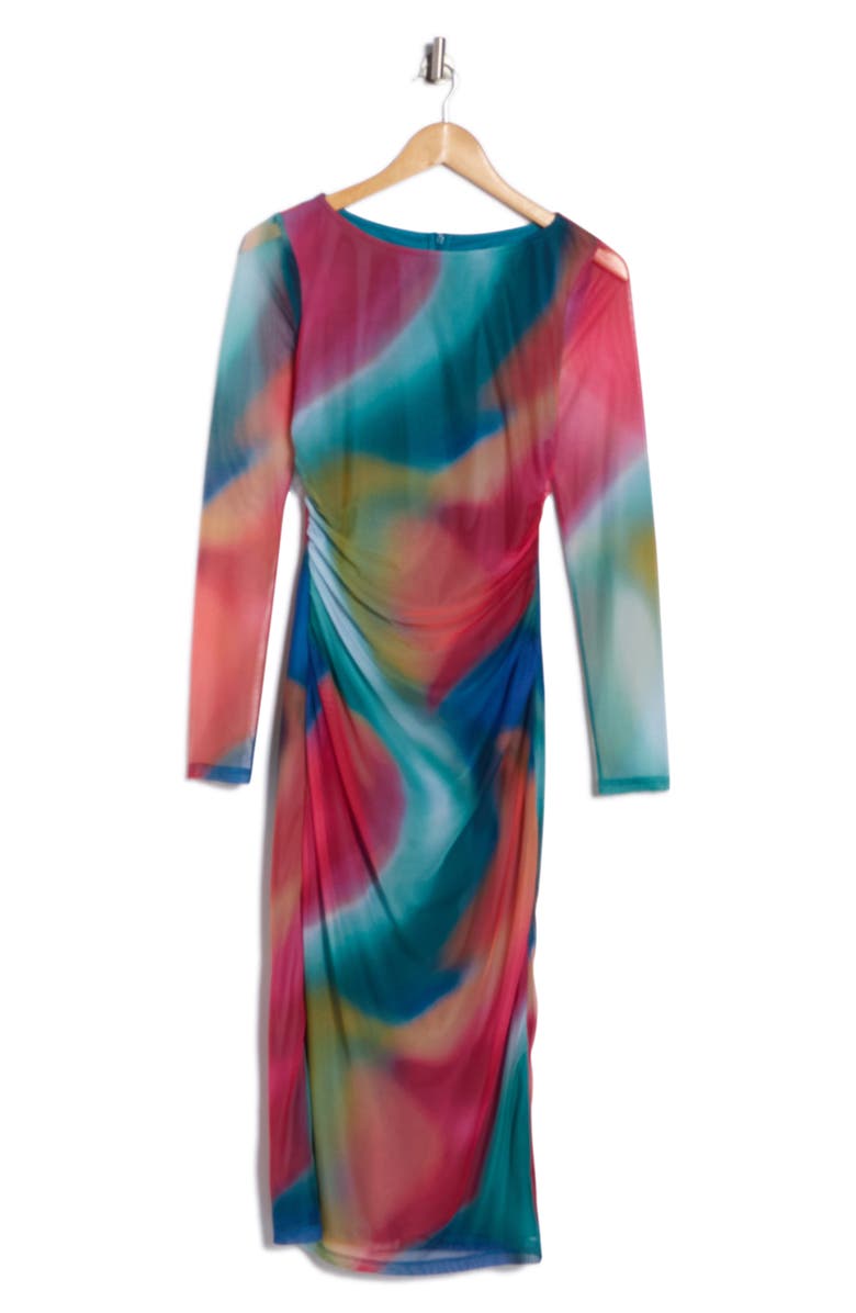 Vince Camuto Long Sleeve Ruched Mesh Body-Con Dress, Alternate, color, Pink Multi