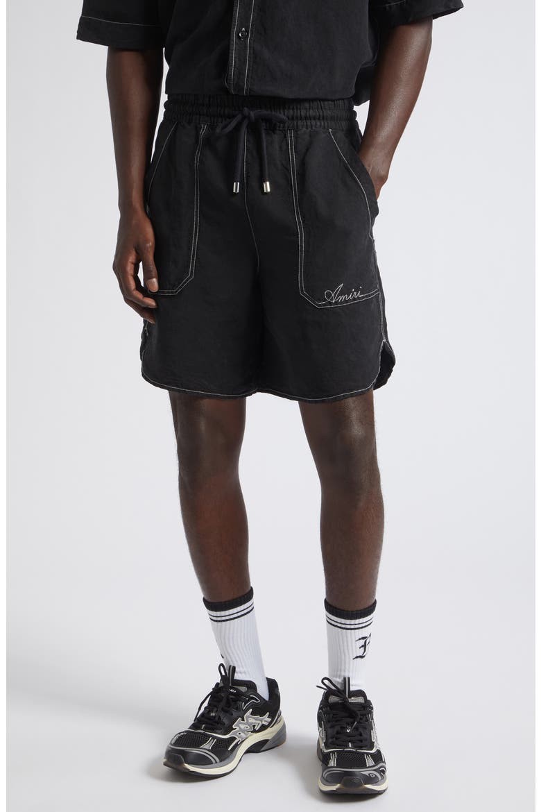 Script Garment Dyed Linen Blend Shorts, Main, color, BLACK