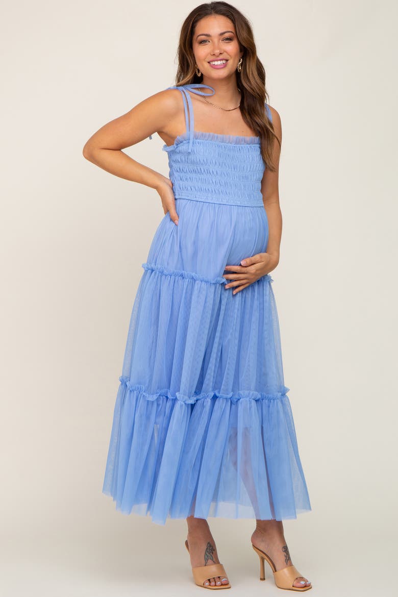 Smocked Mesh Midi Dress, Main, color, Light Blue