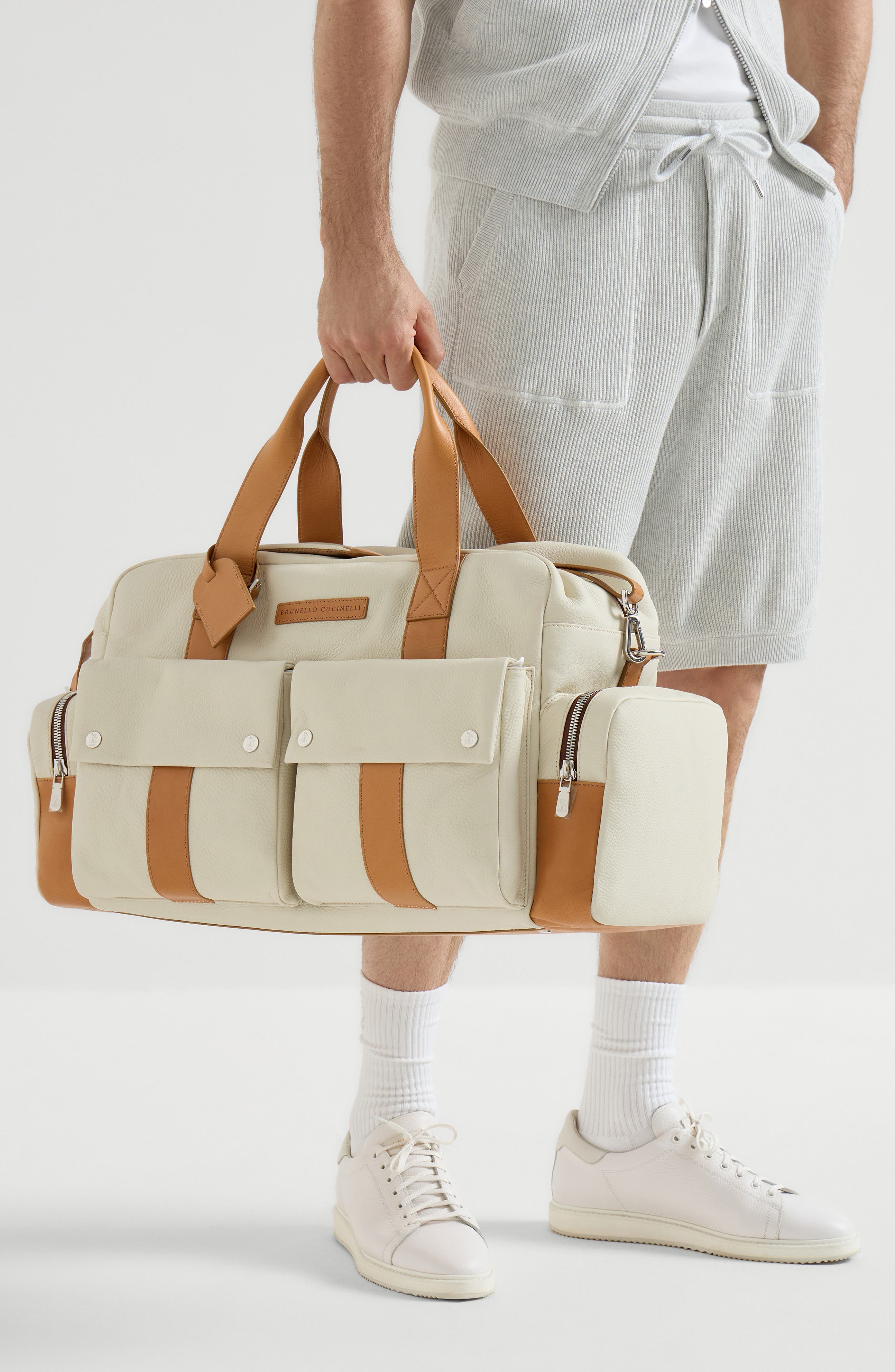 Brunello Cucinelli Calfskin and cowhide duffle bag, Alternate, color, Ivory