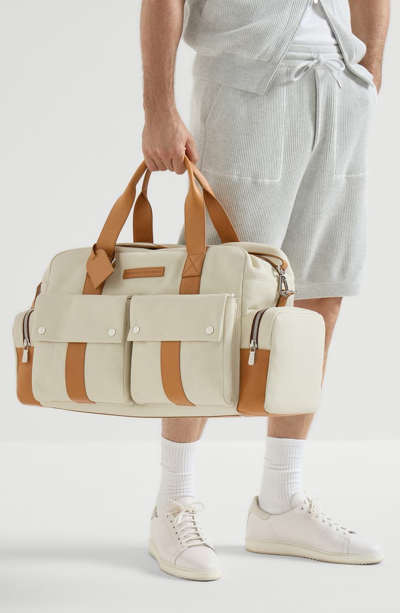 Brunello Cucinelli Calfskin and cowhide duffle bag, Alternate, color, Ivory