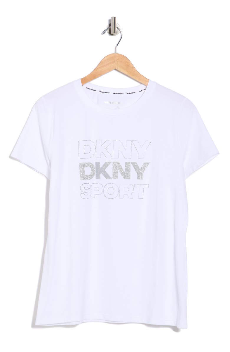DKNY Rhinestone Glitter Logo T-Shirt, Main, color, White/ Silver
