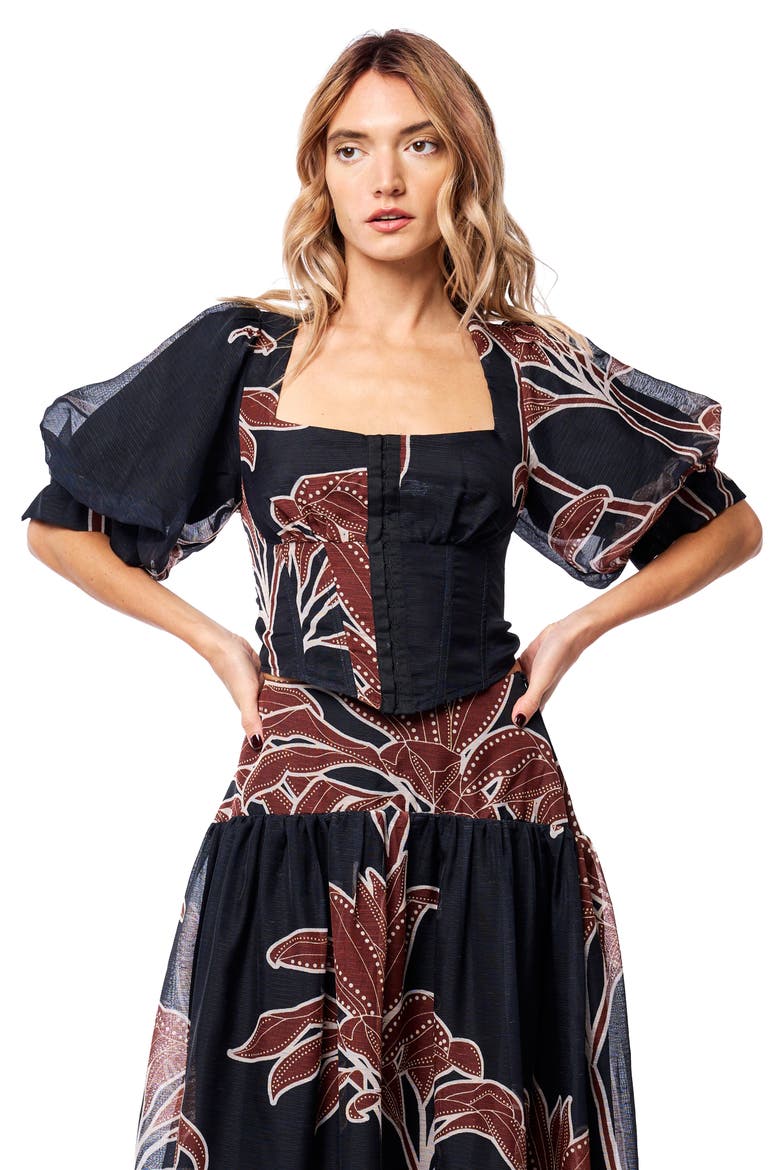 Caribla Puff Sleeve Corset Top, Alternate, color, BLACK MULTI