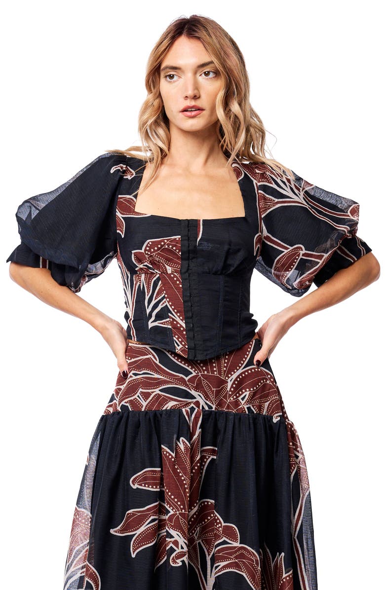 CIEBON Caribla Puff Sleeve Corset Top, Alternate, color, Black Multi