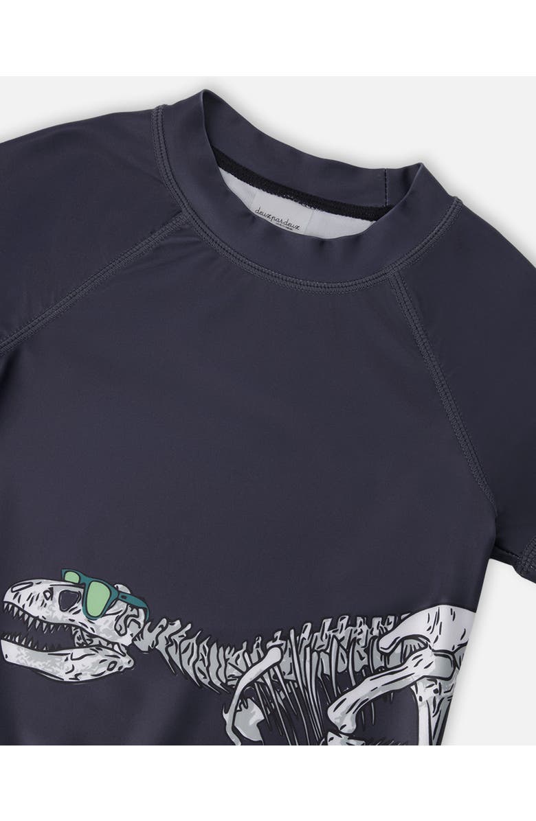 Deux par Deux Short Sleeve Graphic Dinosaur Rashguard, Alternate, color, Black
