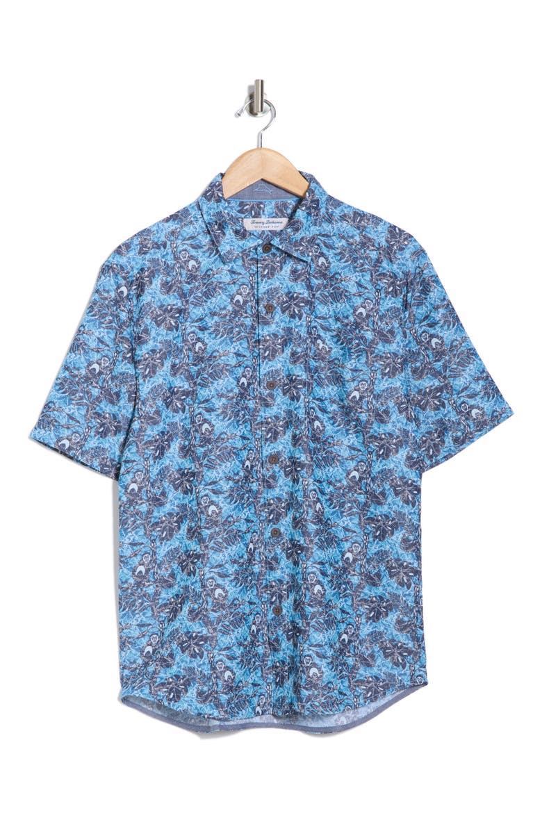 Coconut Point Capuchin Vines Short Sleeve Button-Up Shirt, Alternate, color, POOL TILE