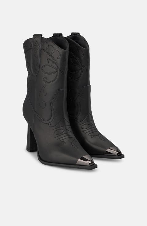 Embroidered Funnel Heel Bootie