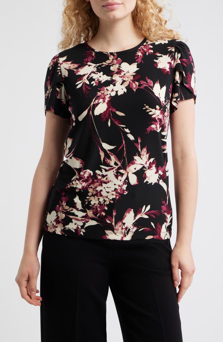 AK ANNE KLEIN Floral Tulip Sleeve Top, Main, color, Anne Black/ Chianti Mul