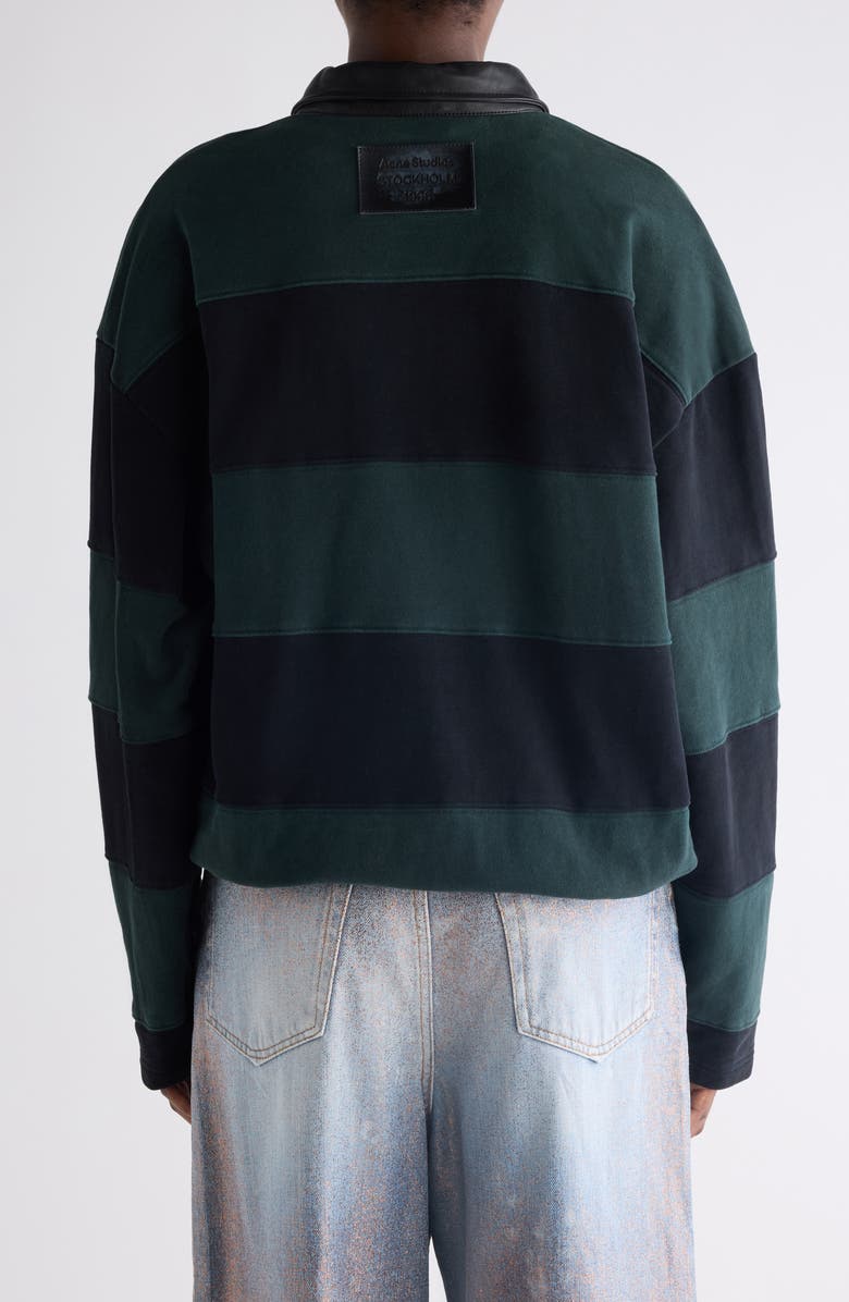 Acne Studios Striped Organic Cotton Fleece Polo Sweatshirt, Alternate, color, Forest Green/ Black