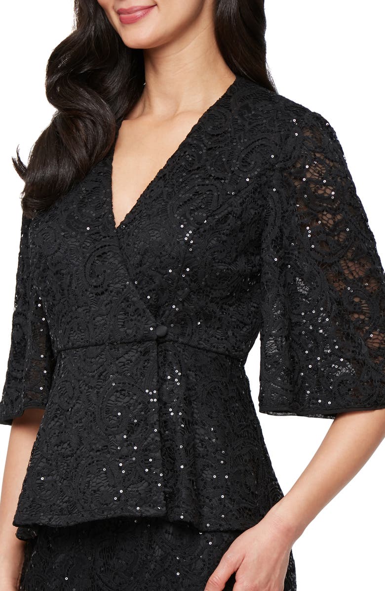 Alex Evenings Sequin Stretch Lace Wrap Top, Main, color, Black