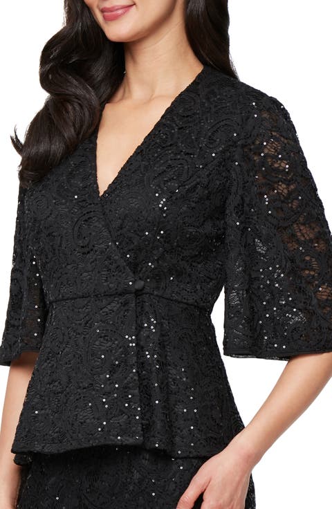 Sequin Stretch Lace Wrap Top
