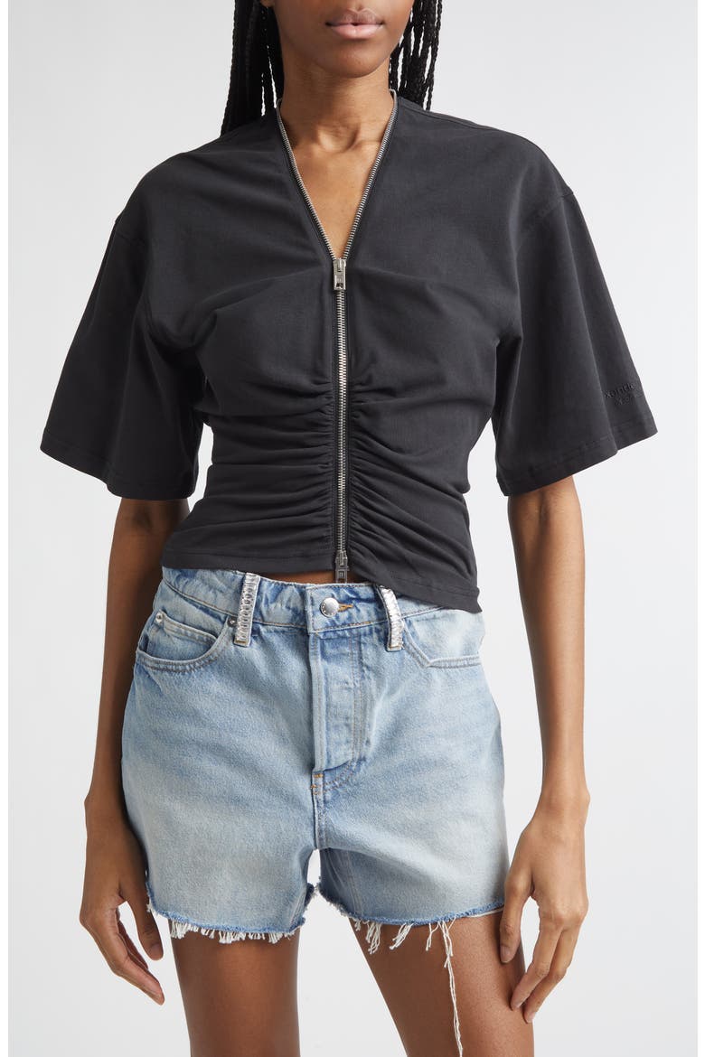 Ruched Knit Zip Top, Main, color, BLACK