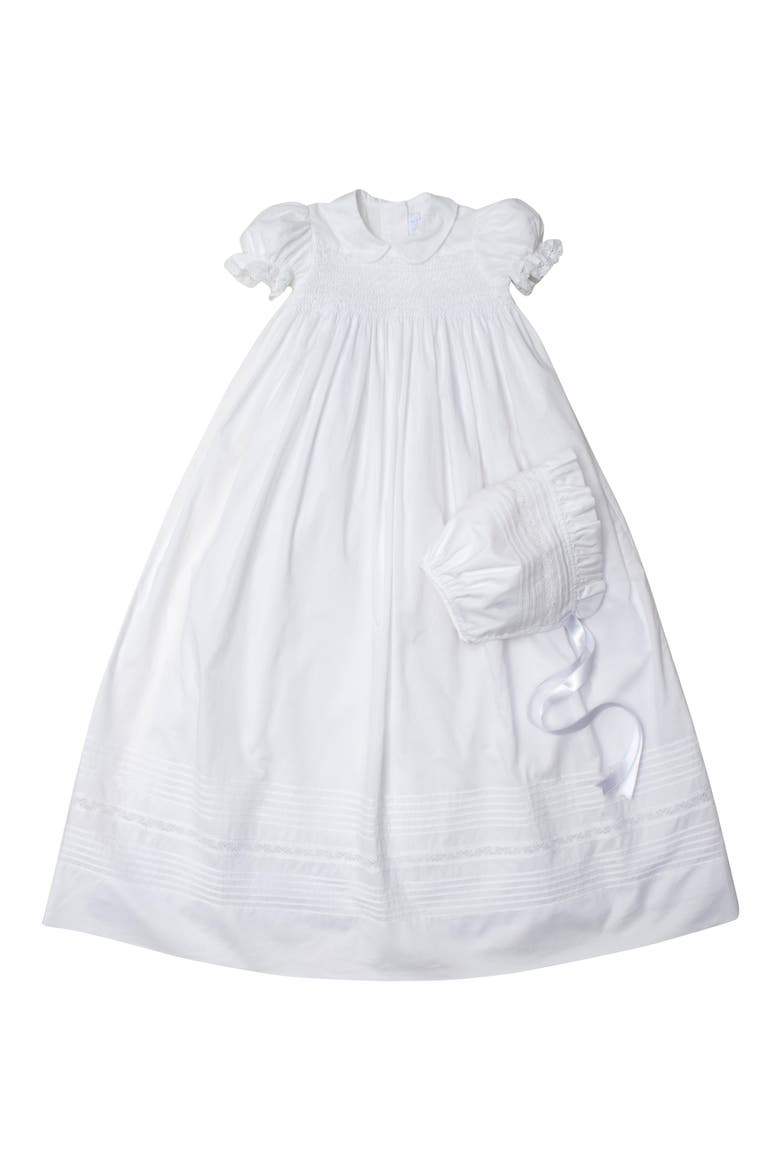 New Silene Cotton Christening Gown & Bonnet, Main, color, WHITE