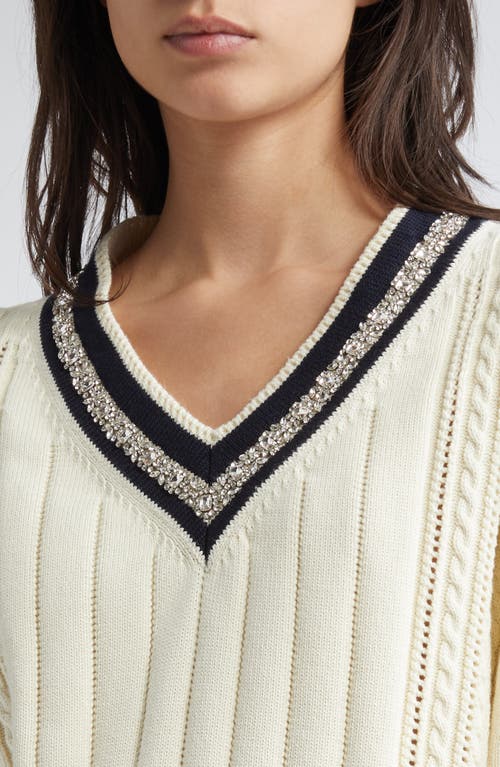 Golden Goose Cropped Sweater With Woven Pattern In Heritage White/dark Blue