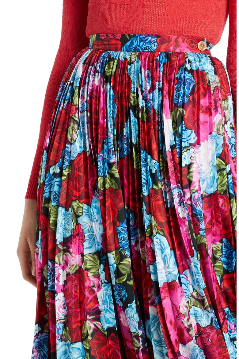 Pleated Floral Print Midi Skirt, Alternate, color, RED/ BABY BLUE/ FUCHSIA