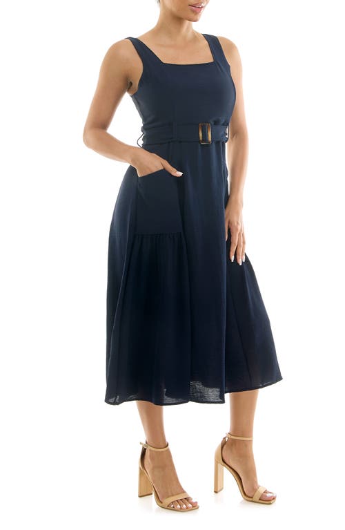 Nina Leonard Square Neck Sleeveless Belted Midi Dress