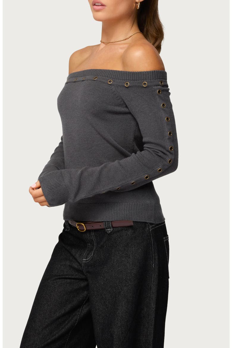 Morgen Grommet Embellished Off the Shoulder Sweater, Alternate, color, DARK-GRAY