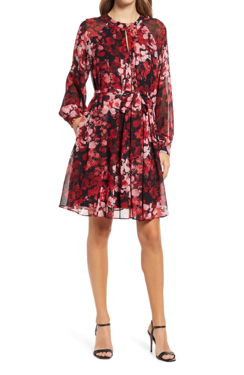 Donna Ricco Floral Pleated Long Sleeve Dress, Main, color, 
