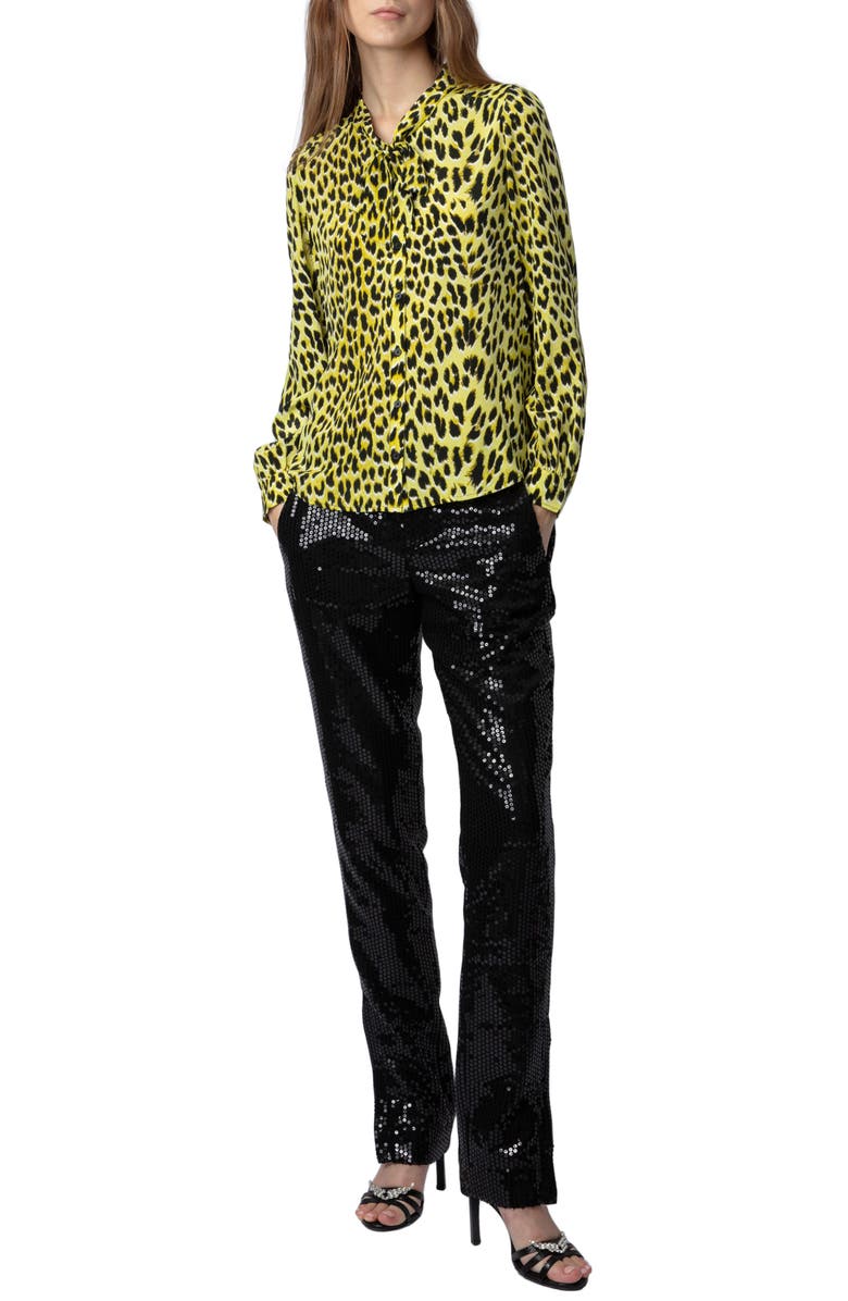 Zadig & Voltaire Taos Leopard Spot Tie Neck Silk Blouse, Alternate, color, Jonquil