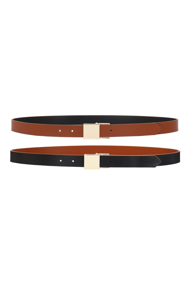 Square Plaque Buckle Reversible Faux Leather Belt, Alternate, color, COGNAC/ BLACK