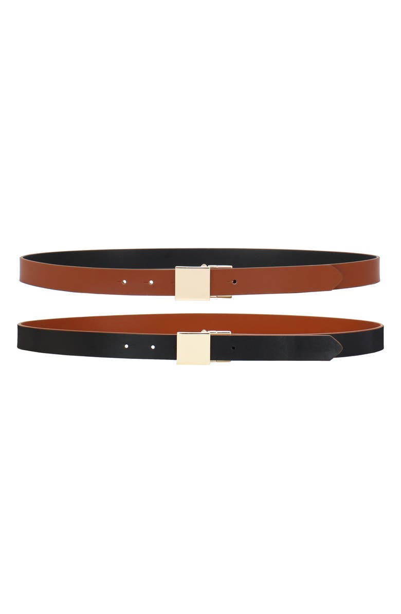 Linea Pelle Square Plaque Buckle Reversible Faux Leather Belt, Alternate, color, Cognac/ Black