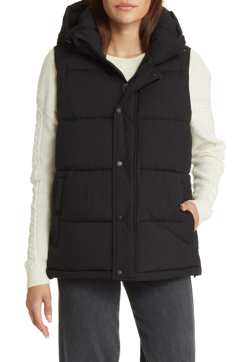 Hooded Water Resistant Puffer Vest, Alternate, color, BLACK