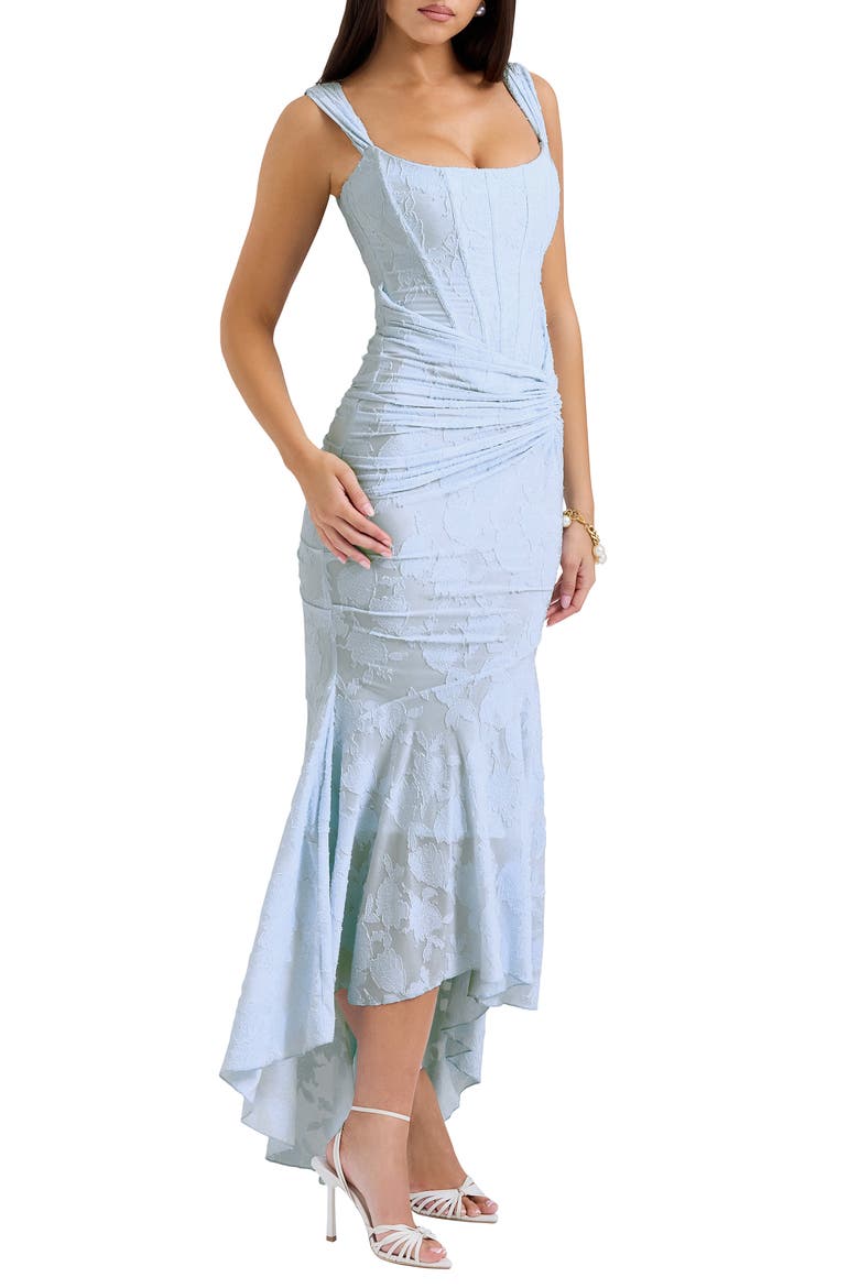 Cesca Floral Ruched High-Low Corset Dress, Alternate, color, SKYRIDE