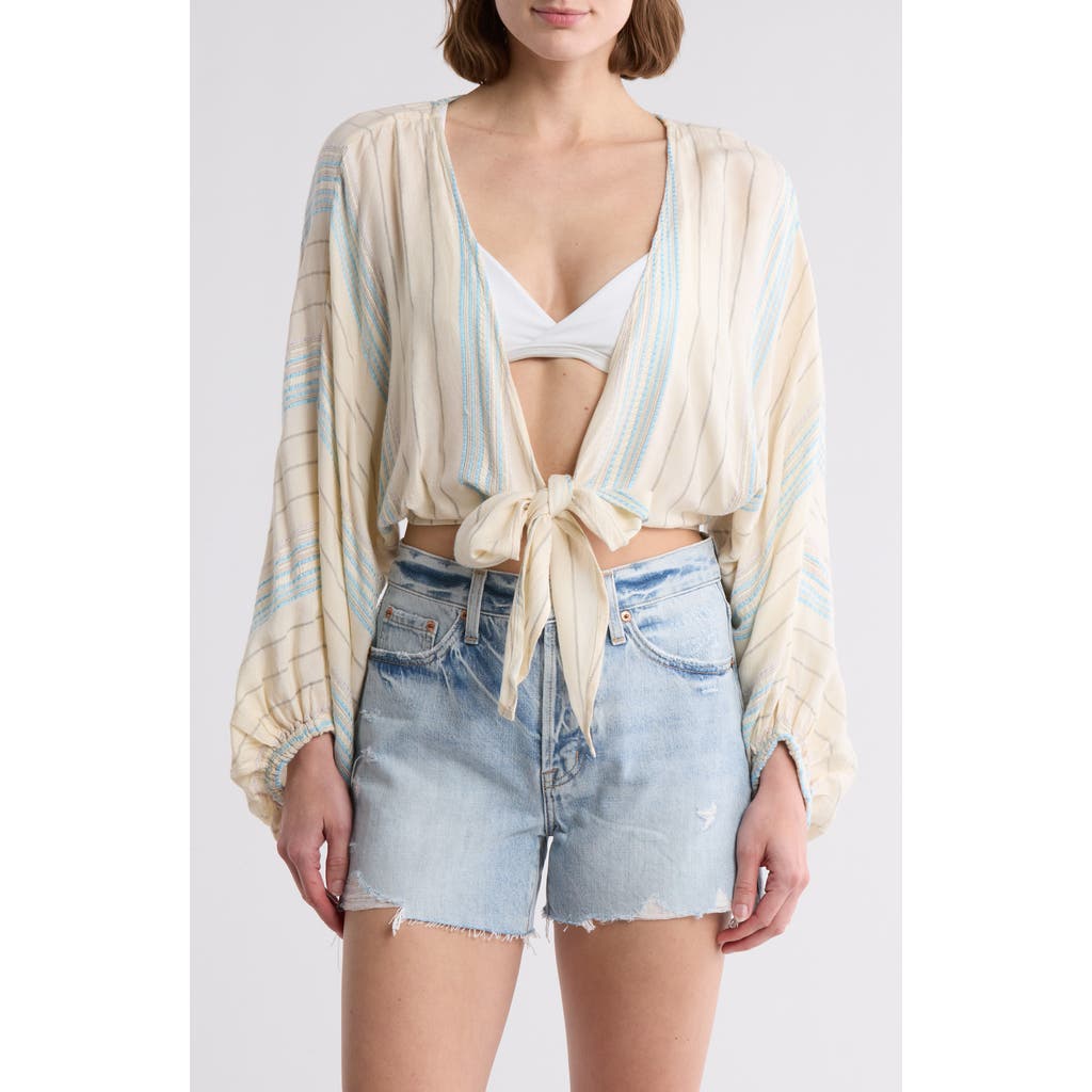 ELAN ELAN YARN STRIPE TIE FRONT COVER-UP TOP