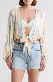 Elan Yarn Stripe Tie Front Cover-Up Top