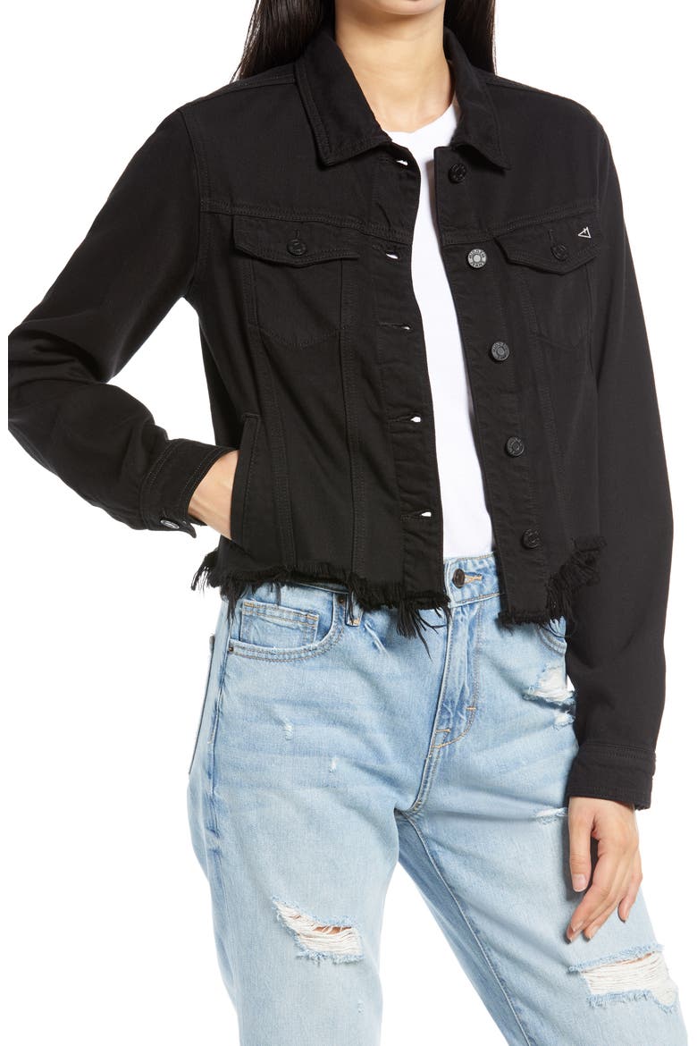 Fray Hem Denim Trucker Jacket, Main, color, BLACK